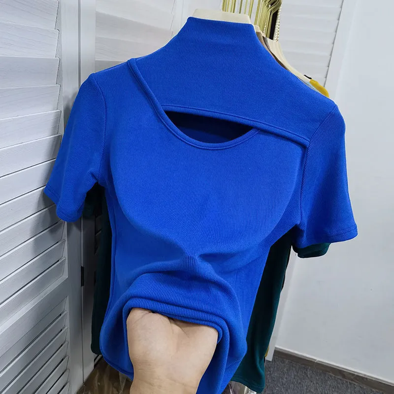 Ladies' Short Sleeve Neck Cutout Chest Turtleneck Top - Blue
