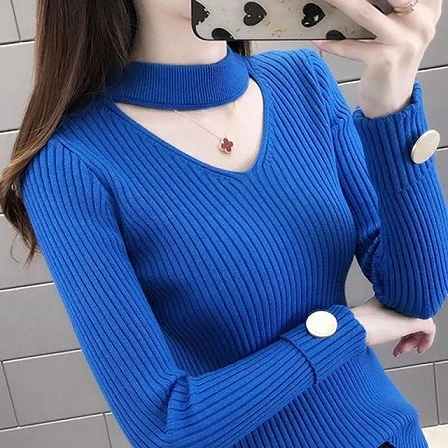 Women's Botton handle Open Chest Stretchy Turtleneck Top - Blue