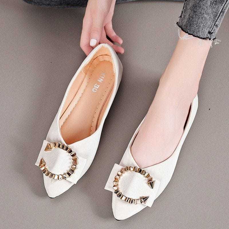 Ladies Elegant Gold Bogue Head Flat Shoes