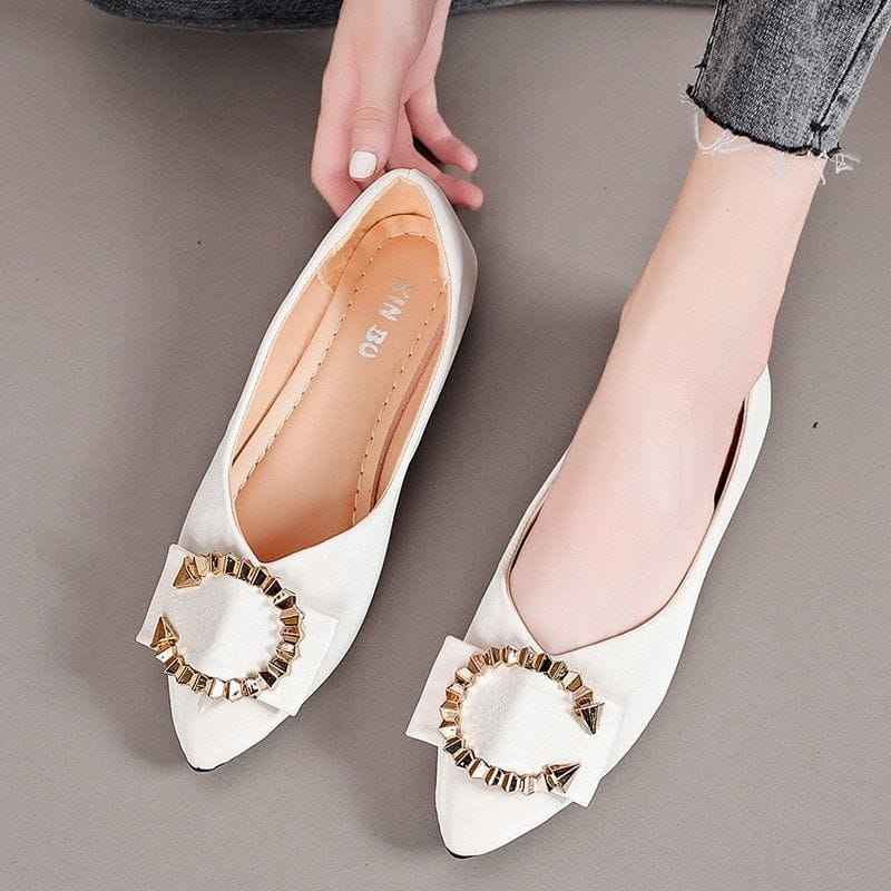 Ladies Elegant Gold Bogue Head Flat Shoes