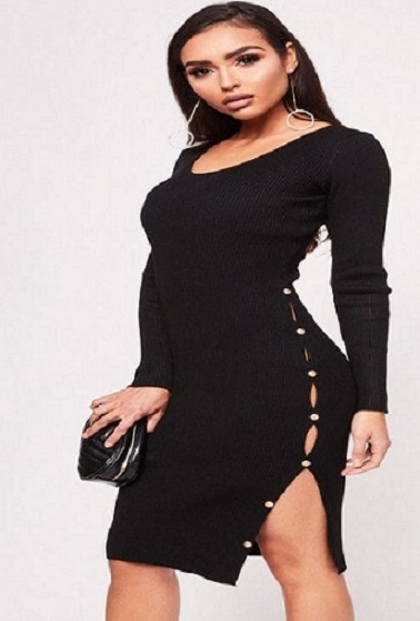 Ladies Long Sleeve Botton Side Black Gown.