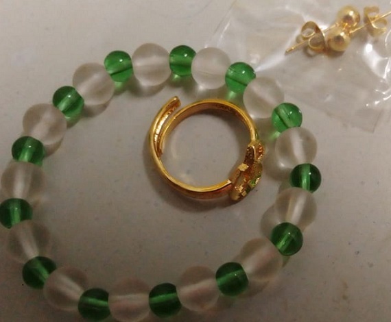3 in one Bead Layers Bracelet, Ring, Earring - Green and White