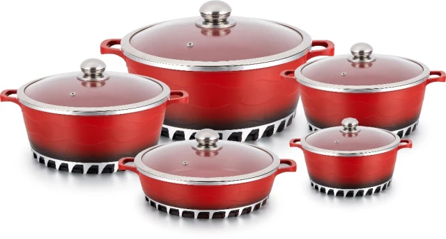 High Quality 10pcs Wavy Die-casting Aluminum Pot Set Home Cooking nonstick cookware set with Glass lids