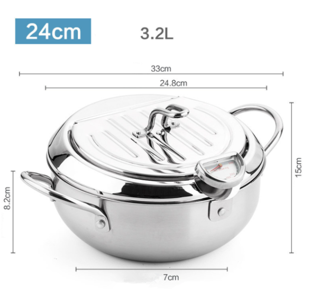 Japanese Uncoated Fryer Household Pot With a Thermometer and a Lid 304 Stainless Steel Kitchen Tempura Fryer Pan