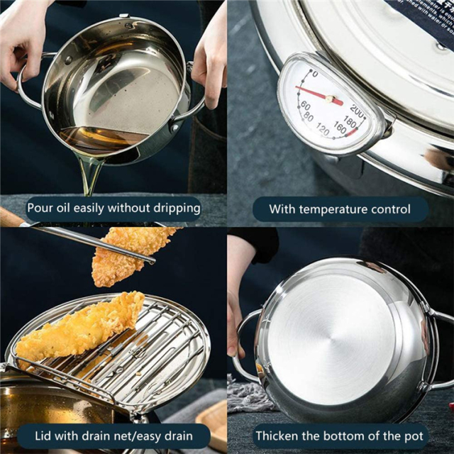 Japanese Uncoated Fryer Household Pot With a Thermometer and a Lid 304 Stainless Steel Kitchen Tempura Fryer Pan