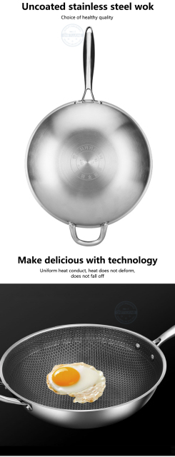 NEW Uncoated wok,non-stick pan,Stainless steel,Honeycomb design,Uniform heating,For Electric, Induction and Gas Stoves