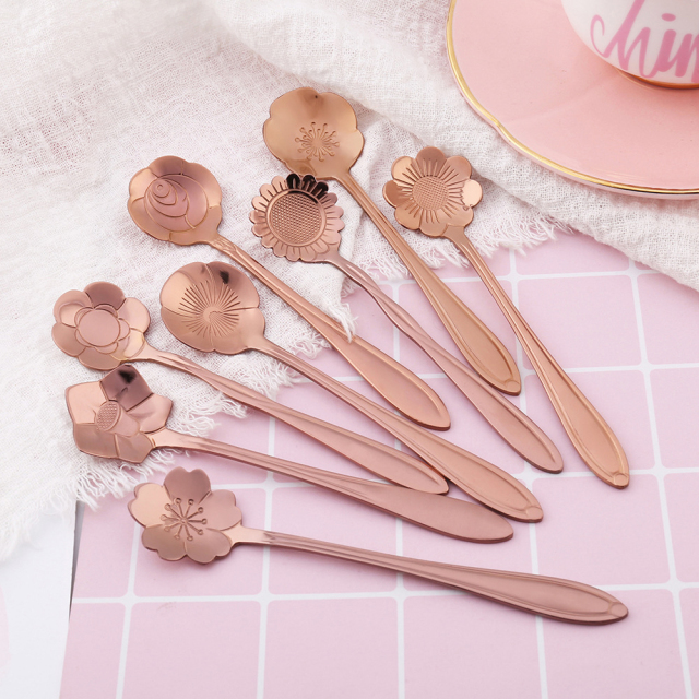 8PCs/ Set Cherry Blossoms Stainless Steel Tea Coffee Spoon Teaspoons Ice Cream Sugar Flatware Gold Kitchen Tableware