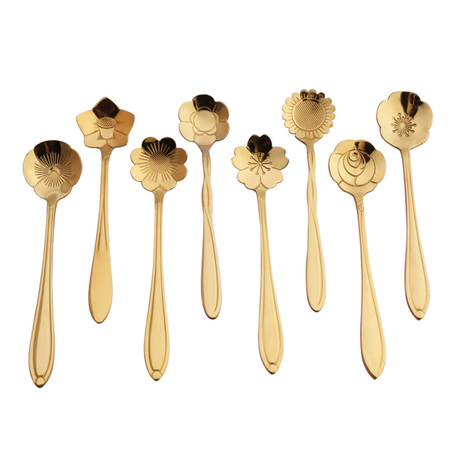 8PCs/ Set Cherry Blossoms Stainless Steel Tea Coffee Spoon Teaspoons Ice Cream Sugar Flatware Gold Kitchen Tableware