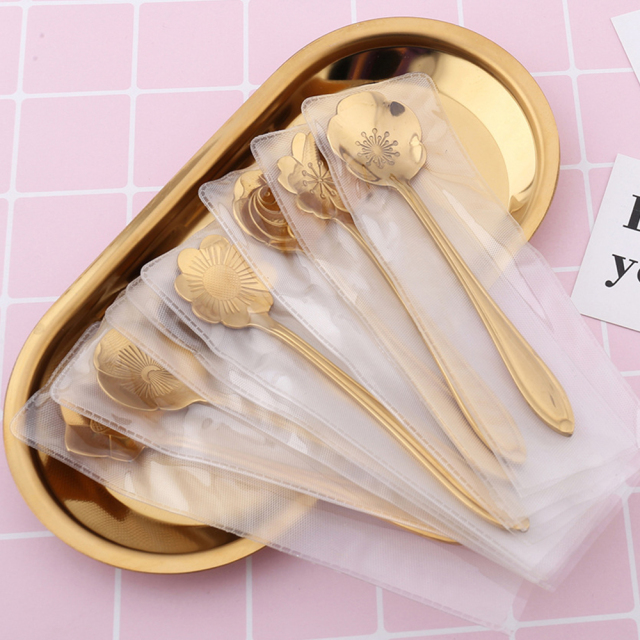 8PCs/ Set Cherry Blossoms Stainless Steel Tea Coffee Spoon Teaspoons Ice Cream Sugar Flatware Gold Kitchen Tableware