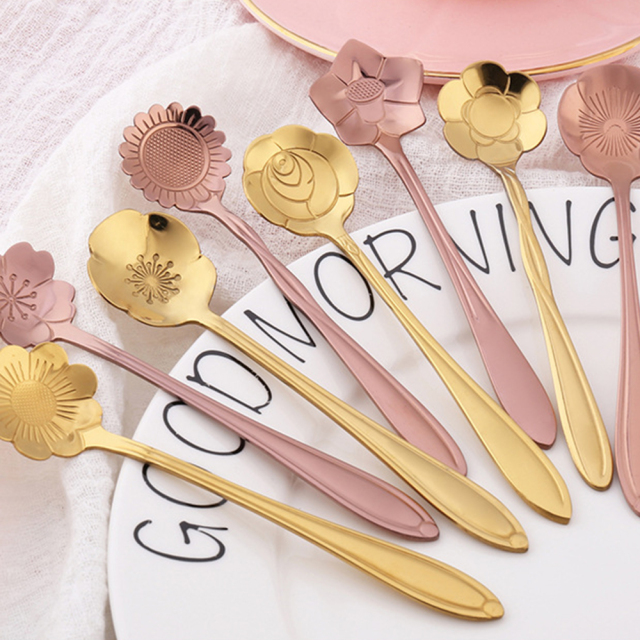 8PCs/ Set Cherry Blossoms Stainless Steel Tea Coffee Spoon Teaspoons Ice Cream Sugar Flatware Gold Kitchen Tableware