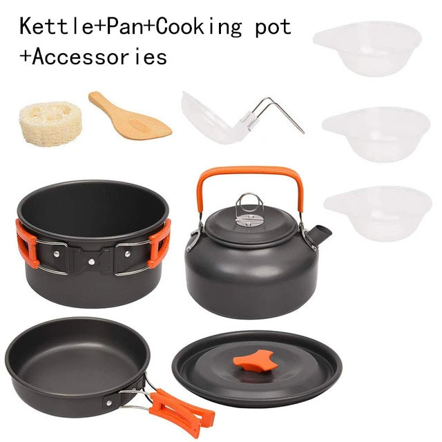 Camping Cookware Kit Outdoor Aluminum Cooking Set Water Kettle Pan Pot Travelling Hiking Picnic BBQ Tableware Camping Equipment