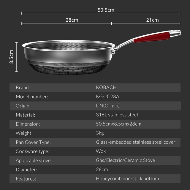 Kitchen Wok 28cm Honeycomb Nonstick Wok 316L Stainless Steel Cookware Nonstick Cooking Pan Electric Induction Pan