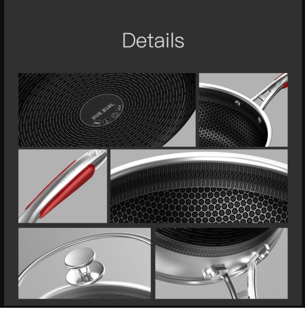 Kitchen Wok 28cm Honeycomb Nonstick Wok 316L Stainless Steel Cookware Nonstick Cooking Pan Electric Induction Pan