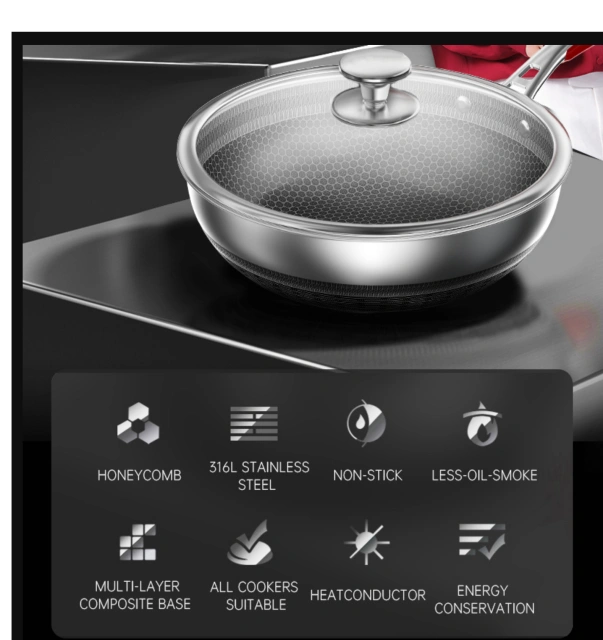 Kitchen Wok 28cm Honeycomb Nonstick Wok 316L Stainless Steel Cookware Nonstick Cooking Pan Electric Induction Pan