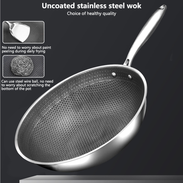 32cm Kitchen Wok Pan Uncoated Fying Pan 7-layer stainless Steel Forging For Electric, Induction and Gas Stoves Healthy Cookware