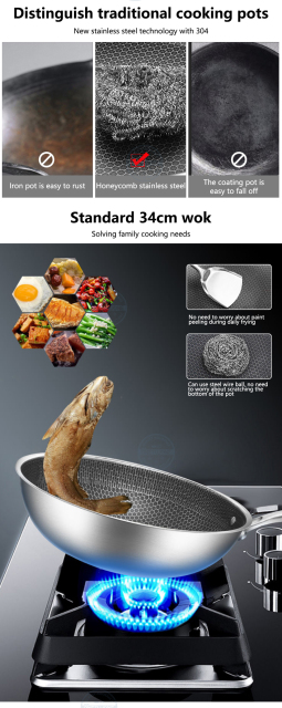 32cm Kitchen Wok Pan Uncoated Fying Pan 7-layer stainless Steel Forging For Electric, Induction and Gas Stoves Healthy Cookware