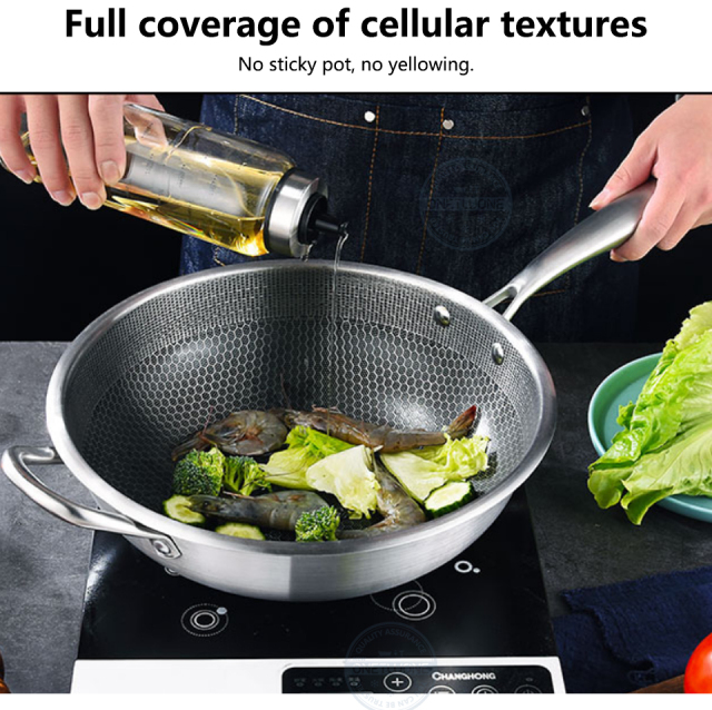 32cm Kitchen Wok Pan Uncoated Fying Pan 7-layer stainless Steel Forging For Electric, Induction and Gas Stoves Healthy Cookware