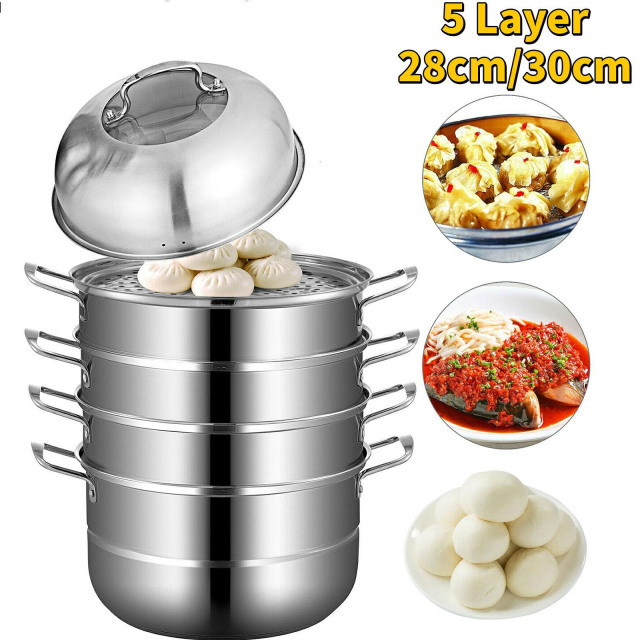 5 Layer Food Steamer 28cm 30cm Stainless Steel Stock Pot for Home Steaming Dumplings Vegetables Rice Cooking Steamed Dish