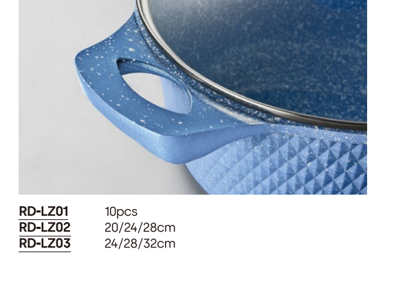 Blue custom die-cast aluminum pans in different styles, malt coated non-stick pans