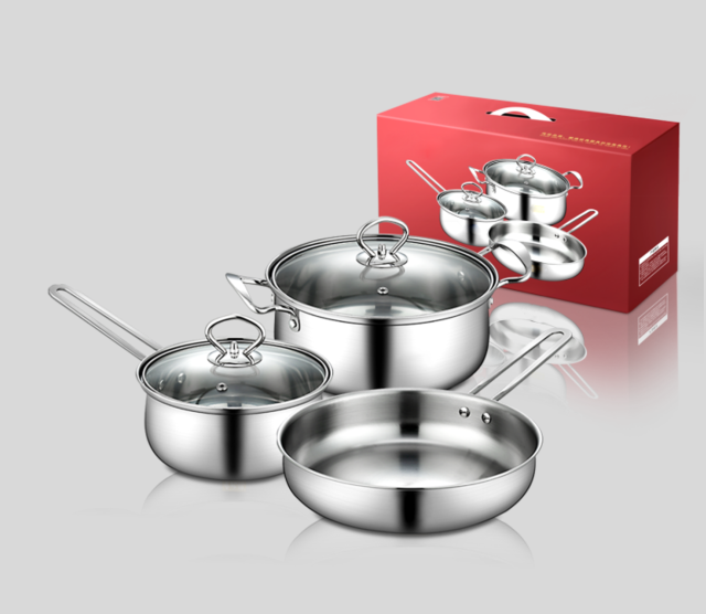 Small helper cookware set ferritic stainless steel soup pot milk pot frying pan 18cm + 22cm + 24cm induction cooker gas stove universal style