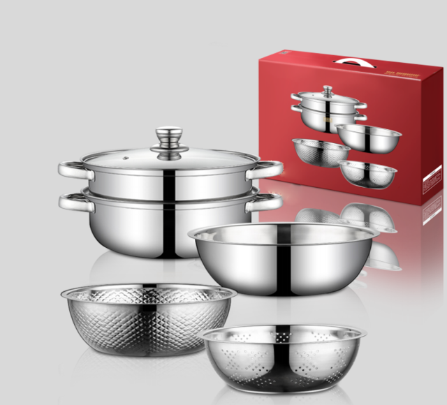 Perfect partner cookware set: ferritic stainless steel, soup steamer steel bowl and rice sieve