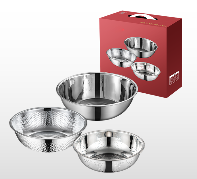 Stainless steel three-piece set of basin rice sieve three-piece set of draining blue rice multi-purpose basin