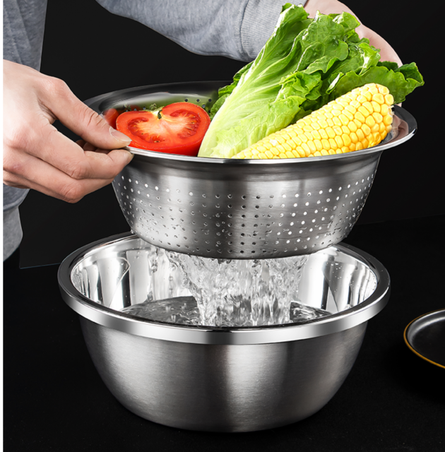 Stainless steel basin set kitchen tools utensils multi-purpose basin dishwashing and noodle basin five-piece set