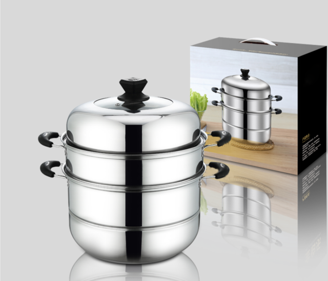 304 stainless steel three-layer steamer with Bakelite handle and three-layer composite bottom for even heat conduction