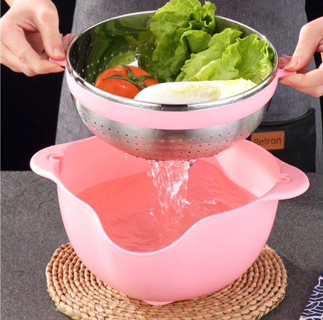 Buy rotating draining basket creative models stainless steel 360 degree flip round double wash basin fruit and vegetable basket drying basket