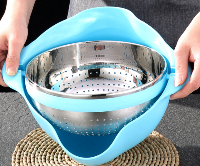 Buy rotating draining basket creative models stainless steel 360 degree flip round double wash basin fruit and vegetable basket drying basket