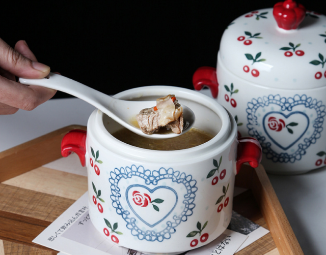 Ceramic stew pot with lid Small stew pot with lid Soup pot with double lid and double ears Soup pot with inner pot Stew pot Steamed egg bowl