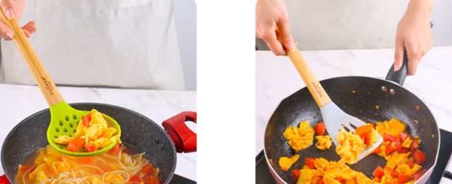 Food Grade Rubber Covered Spatula Spoon Set Cookware Non-Stick Kitchen Utensils Spatula Stir Fry Bamboo Handle Leak Spoon