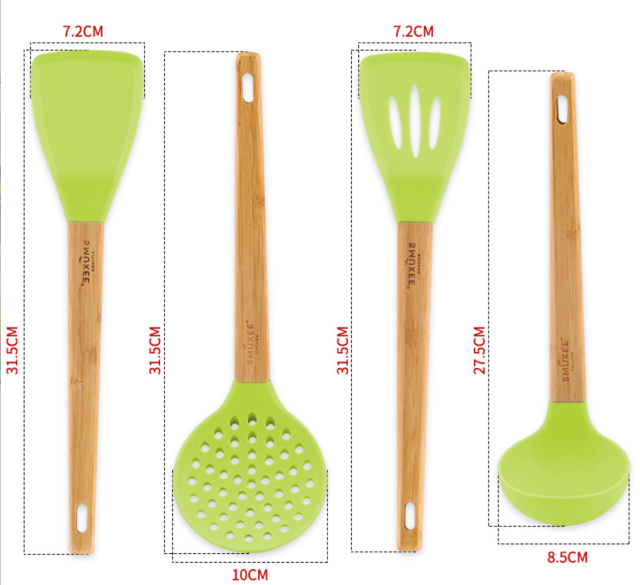 Food Grade Rubber Covered Spatula Spoon Set Cookware Non-Stick Kitchen Utensils Spatula Stir Fry Bamboo Handle Leak Spoon
