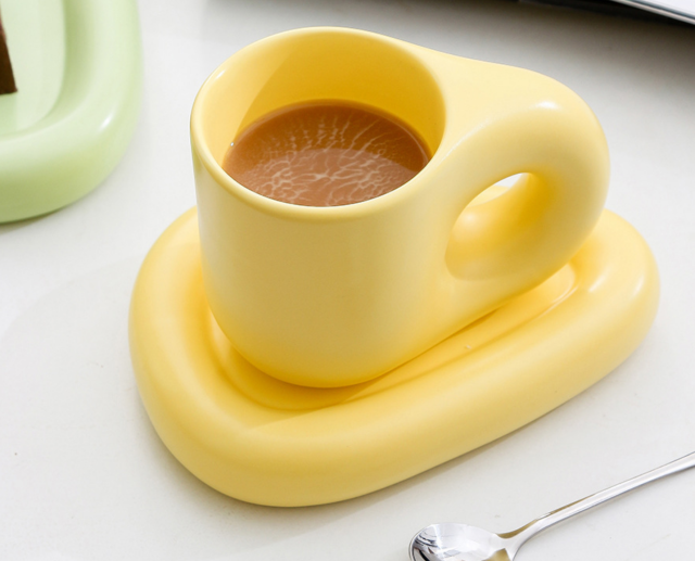 Customized macaroon coffee cup Korean ceramic coffee cup and saucer set fat coffee cup