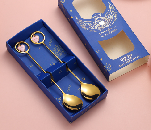 Custom 304 stainless steel fruit decorative heart-shaped pendant spoon pentagram wedding companion gift box dessert coffee spoon