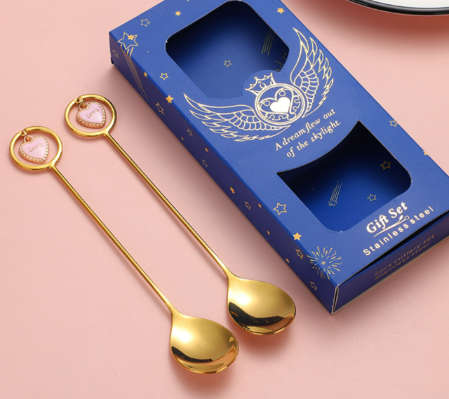 Custom 304 stainless steel fruit decorative heart-shaped pendant spoon pentagram wedding companion gift box dessert coffee spoon