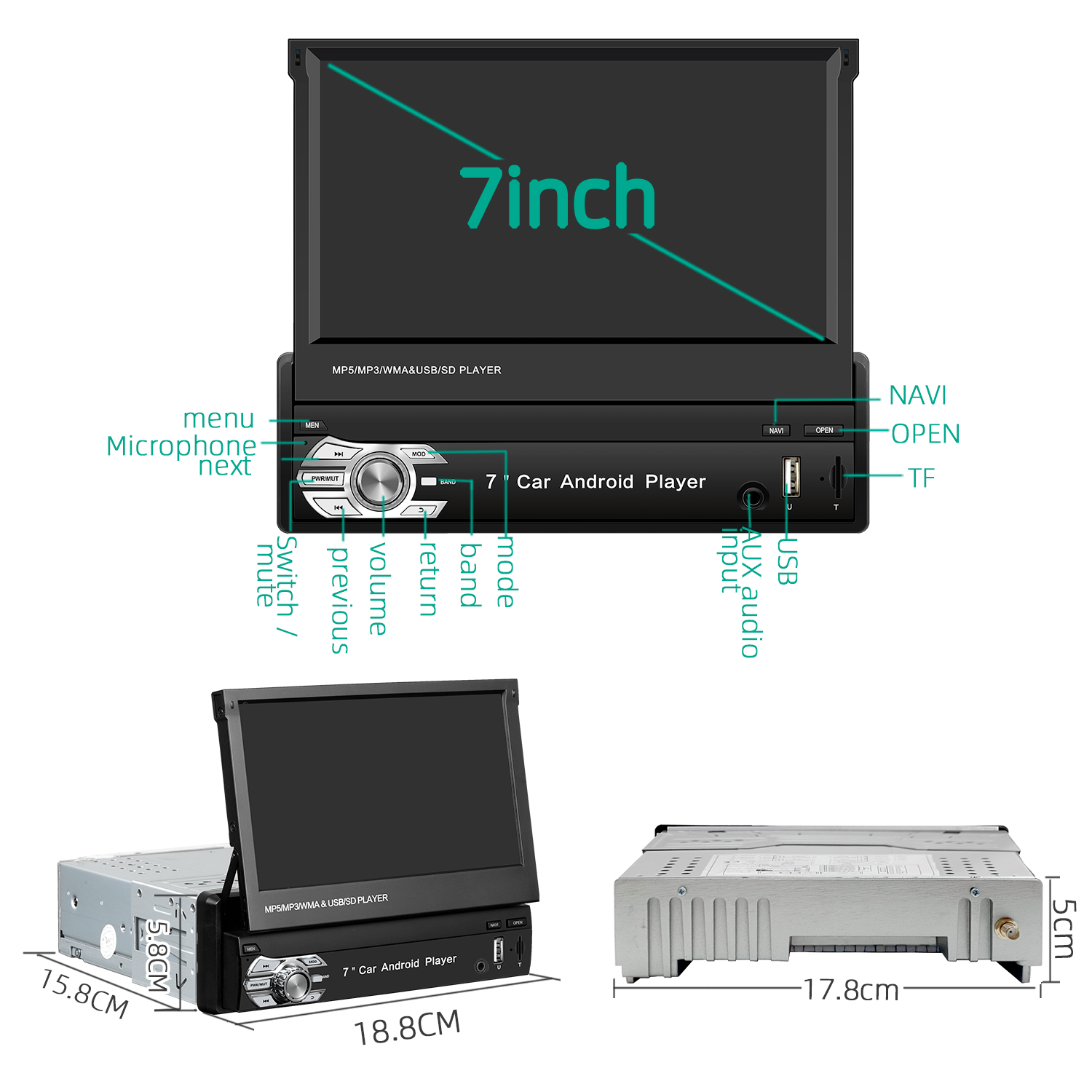 Retractable 7-Inch Car MP5 Card Player with Bluetooth Call and Reverse Priority with MP3 Radio