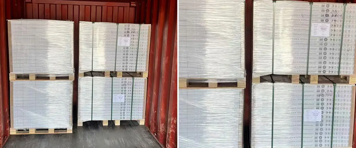 After being palletized, SPC flooring products are labeled accordingly.
