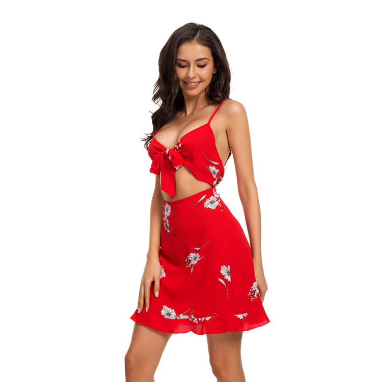 Summer Hot Selling Red Floral Print Sleeveless Bikini Straps Tube Sexy Women Cocktail Dress