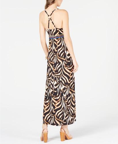 Summer Fashionable Sexy Tiger Stripe Maxi Dress Spaghetti Strap Vintage Sleeveless V Neck Backless Maxi Women Dress