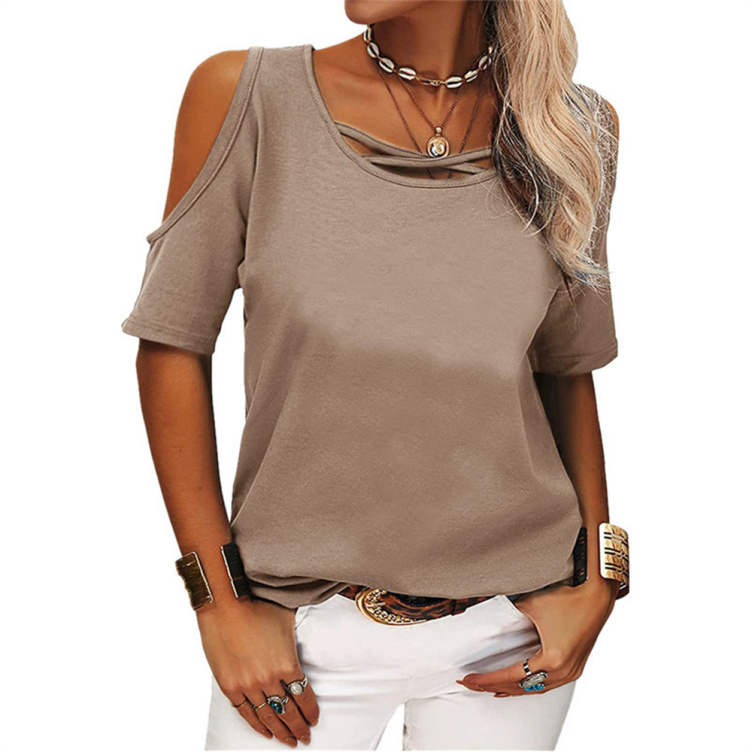 Summer Fashion Tops Women Casual Solid Color Off Shoulder Loose Short-Sleeve T-Shirt Cross O Neck Large Size Oversize T Shirt