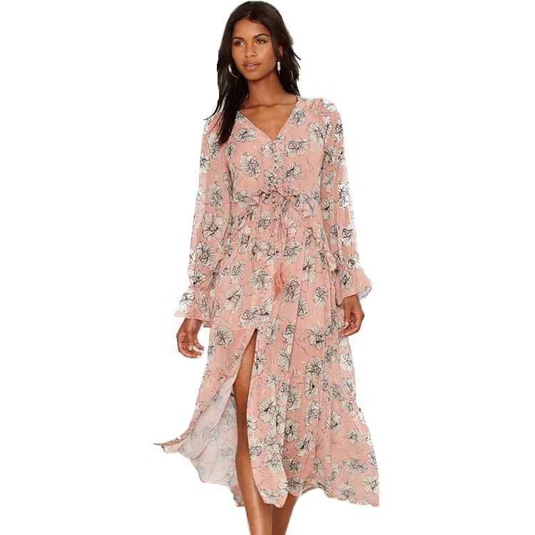 Autumn Fancy Loose Sexy Tropical Floral Print V-neck Casual Beach Chiffon Dress For Women