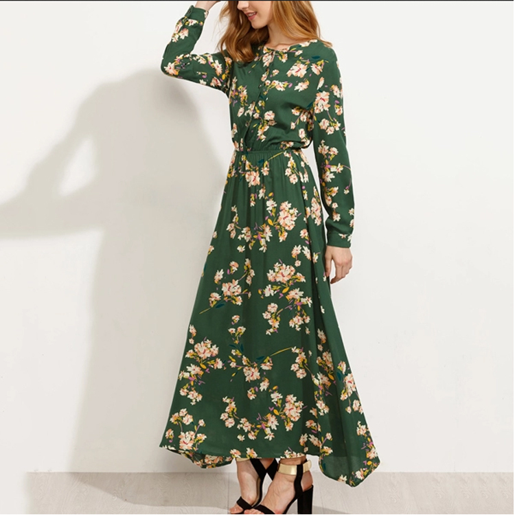 2019 Latest Design Lady Floral Flower Print Tied Waist Ruffles Women Loose Maxi Sexy Boho Party Long Dress