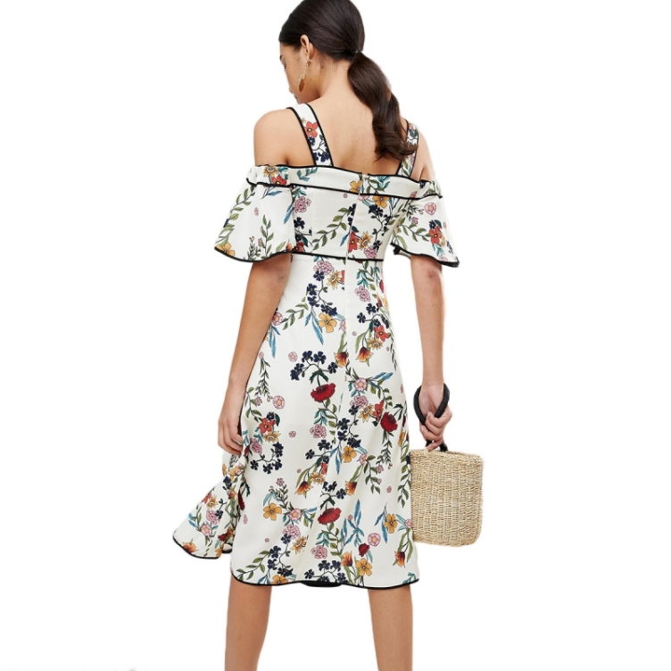 Fancy Bohemian Floral Print Cold Shoulder Strap Neck Ruffle Short Sleeve Split Women Midi Dress