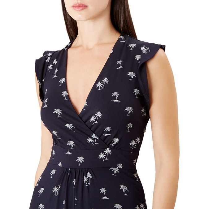 Latest Design Lady Office Dress Sleeveless Floral Print Navy Fit Flare Women Casual Dress