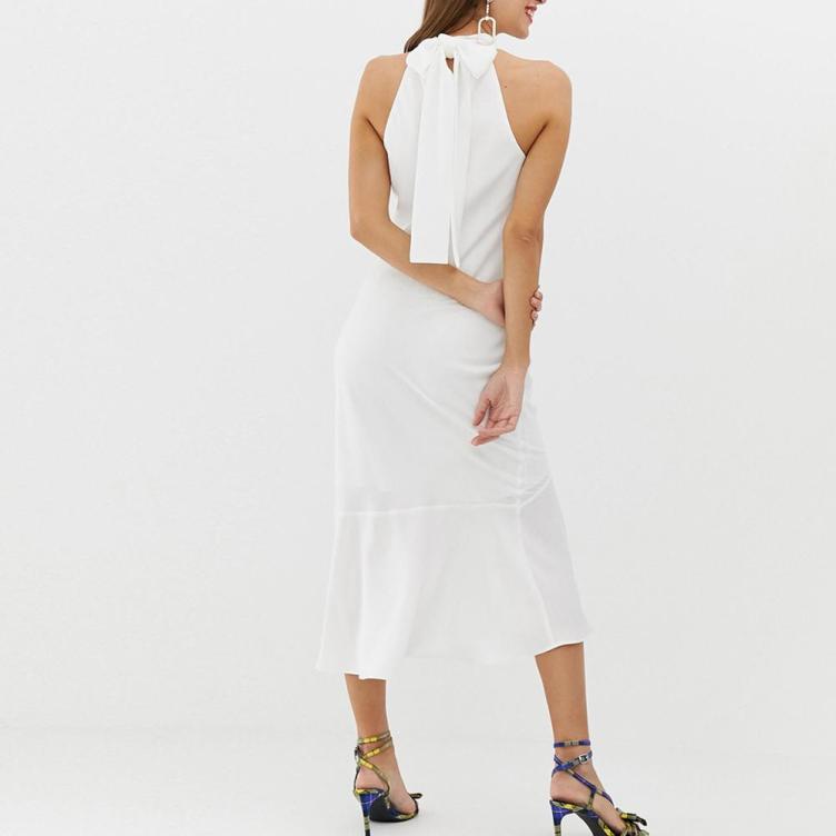 Summer Fashion Elegant Solid White Back Tied Bow O Collar Sleeveless Women Evening Maxi Dress