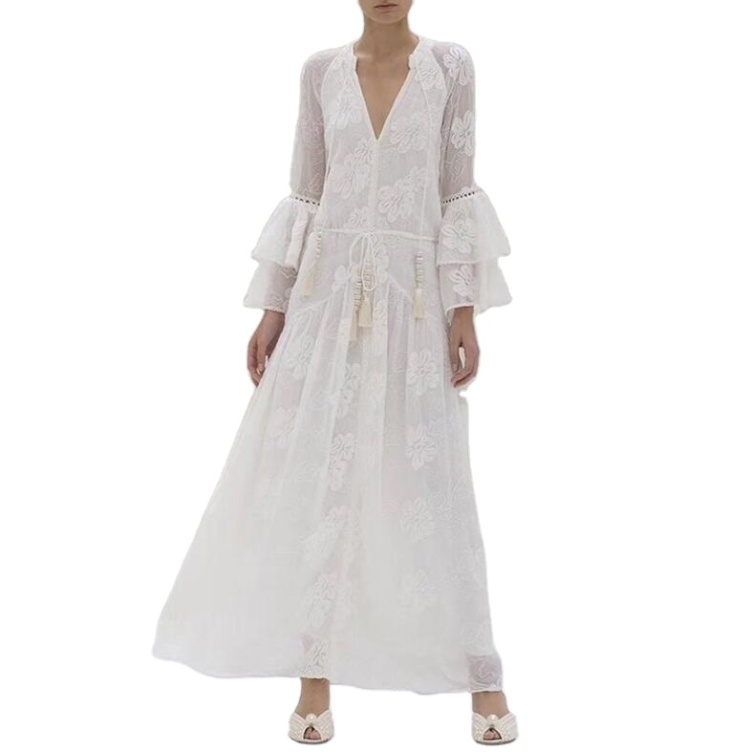 Spring Elegant Ruffles Long Sleeve V Neck Embroidery Hollow Out White Lace Long Maxi Women Dress