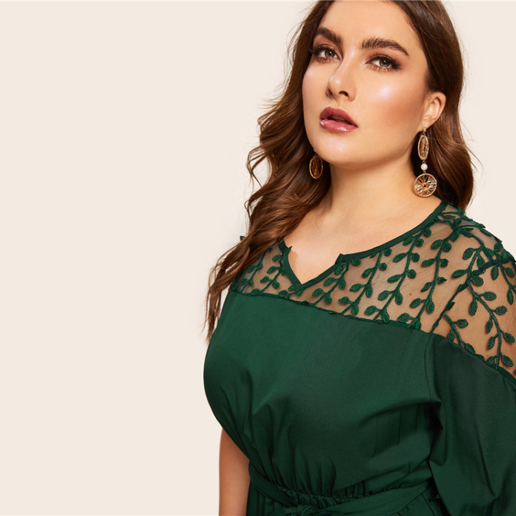 Summer Plus Size V Neck Elegant Cuff Lace Up Belted Dresses Half Sleeve Maxi Dress