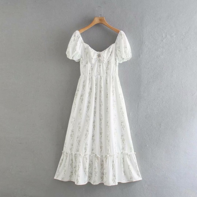 Elegant Women Summer Dress Square Collar Floral Dress Puff Sleeve Zipper Jewelry Inlaid High Waist Ruffle Dress 2022