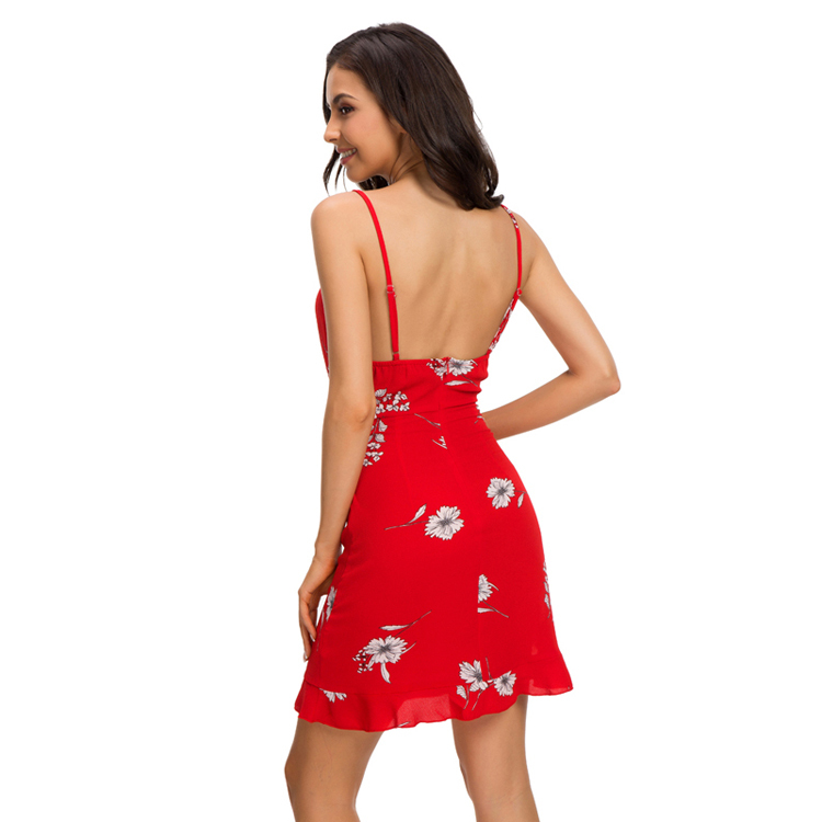 Summer Hot Selling Red Floral Print Sleeveless Bikini Straps Tube Sexy Women Cocktail Dress